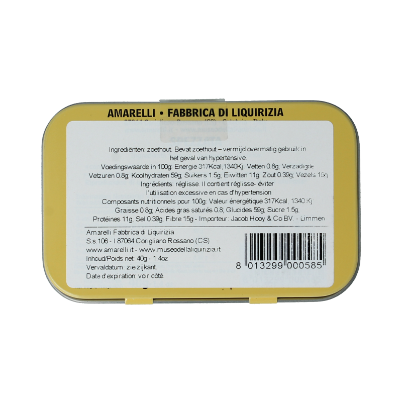 Amarelli Laurierdrop blikje met 40g puur snoepgoed, close-up van de goudkleurige blik met Laurierdrop brokken inside.