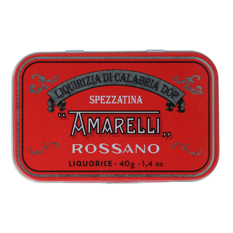 Amarelli Laurierdop licorice candies in a 40g metal tin, small pieces of traditional Calabria sweet, colorful and glossy.