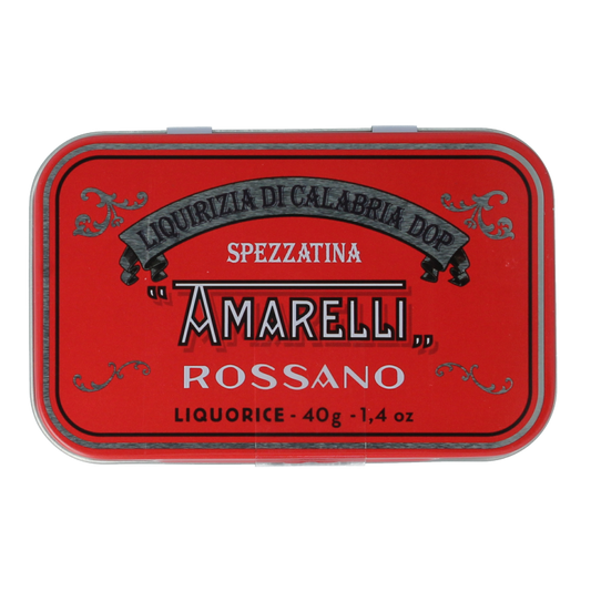 Amarelli Laurierdop licorice candies in a 40g metal tin, small pieces of traditional Calabria sweet, colorful and glossy.