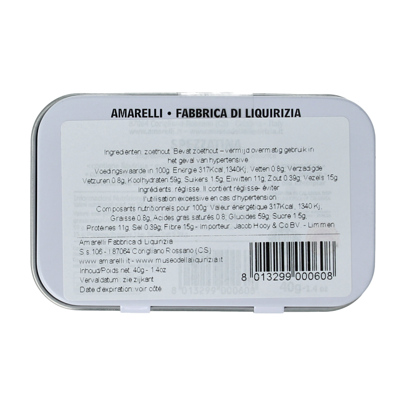 Amarelli Laurierdop Calabria licorice candies in small pieces, 40 grams, displayed in a metal tin.