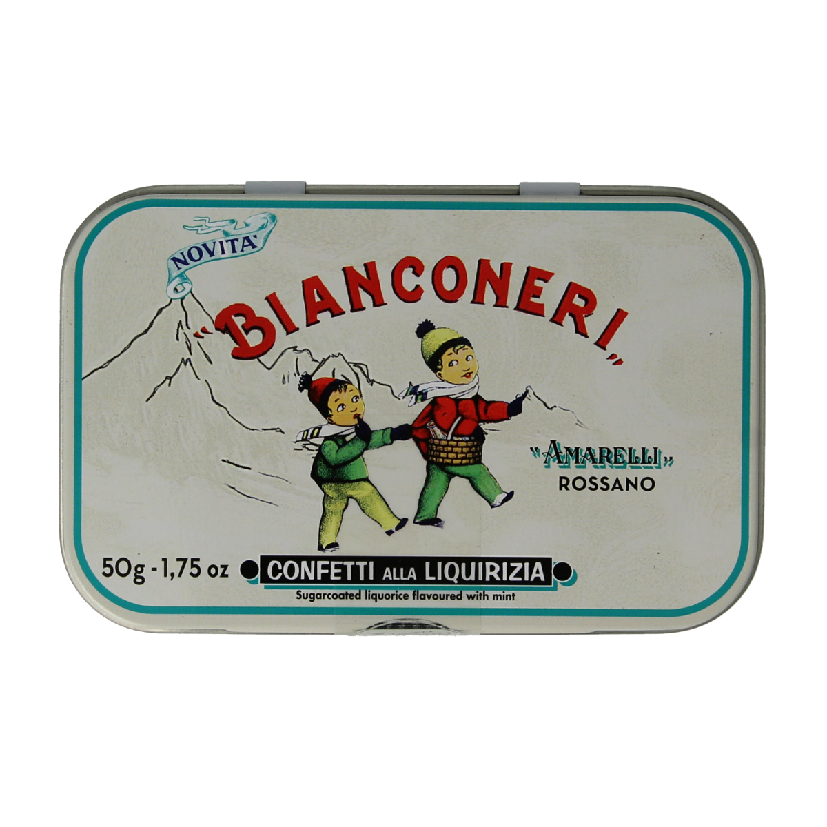 Amarelli Laurierdrop peppermint mints in a 50g tin, white candy, traditional Italian confection, stored in a metal container