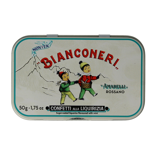 Amarelli Laurierdrop peppermint mints in a 50g tin, white candy, traditional Italian confection, stored in a metal container