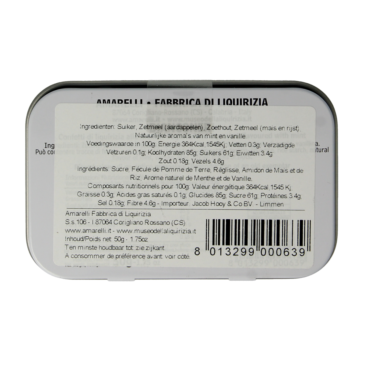 Amarelli Laurierdrop peppermint candies in a 50g tin, with white peppermint flavor and classic packaging.