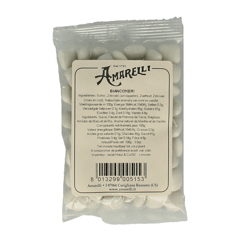 Amarelli Laurierdrop pepermunt snoepgoed in wit zakje, 100g, with peppermint-flavored drops and Laurier branding on packaging.