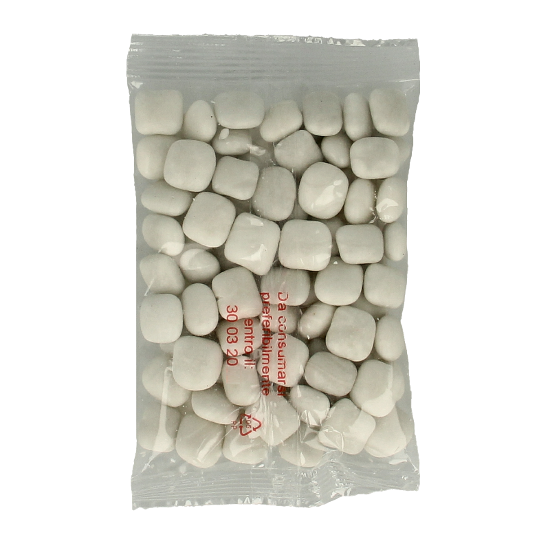 Amarelli Laurierdrop peppermint candies in a 100g paper bag, featuring white mint-flavored lozenges with brand branding.