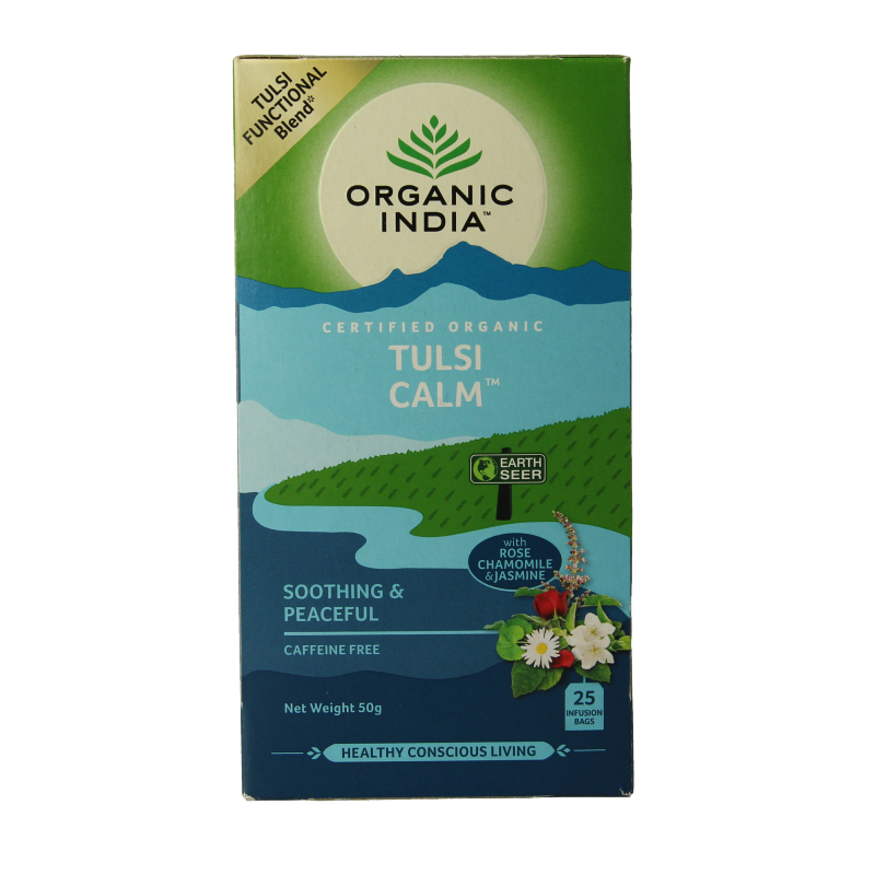 Organic India Tulsi Calm tea box with 25 bio tea bags, featuring calming herbal tea packaging and branding.