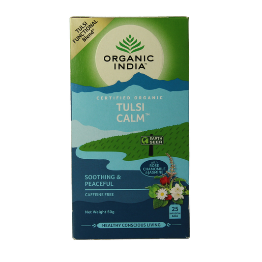 Organic India Tulsi Calm tea box with 25 bio tea bags, featuring calming herbal tea packaging and branding.