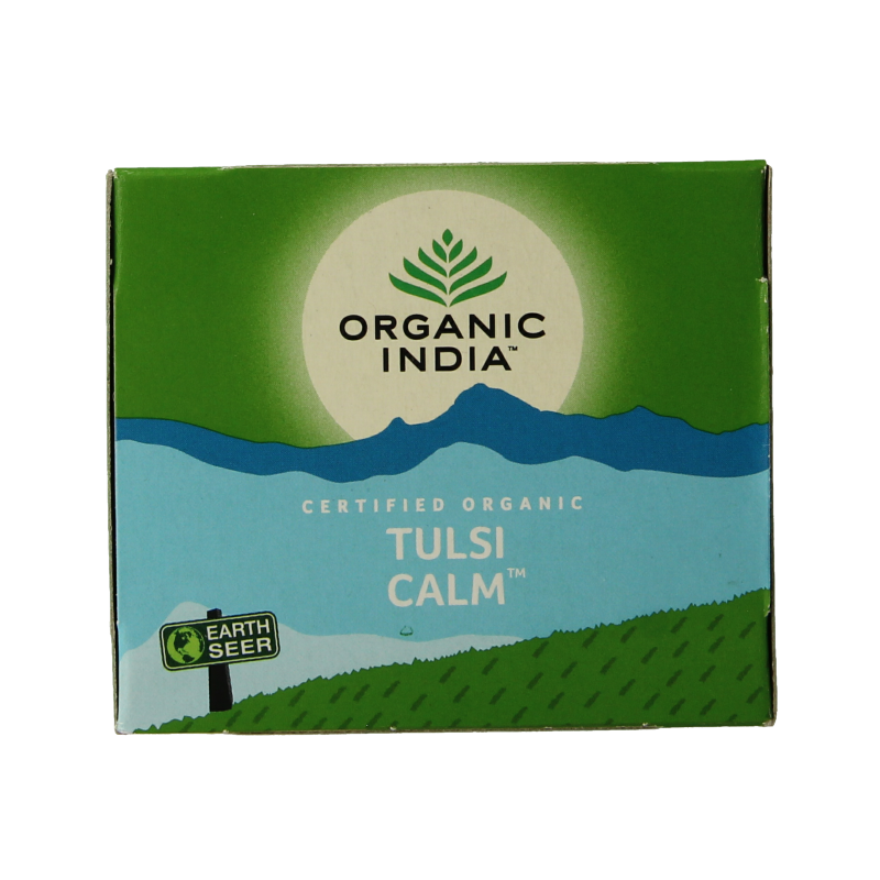 Organic India Tulsi Calm Tea box with 25 bio tea bags, featuring herbal tea packaging and calming botanical illustrations.