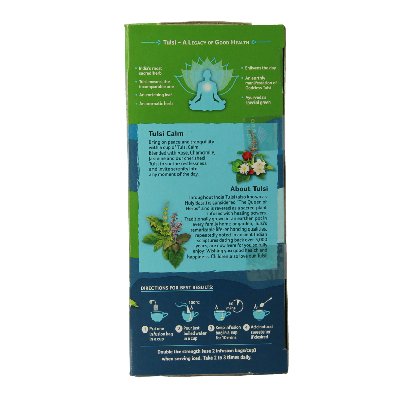Organic India Tulsi Calm Tea box with 25 herbal tea bags, featuring calming Tulsi leaves and natural ingredients.