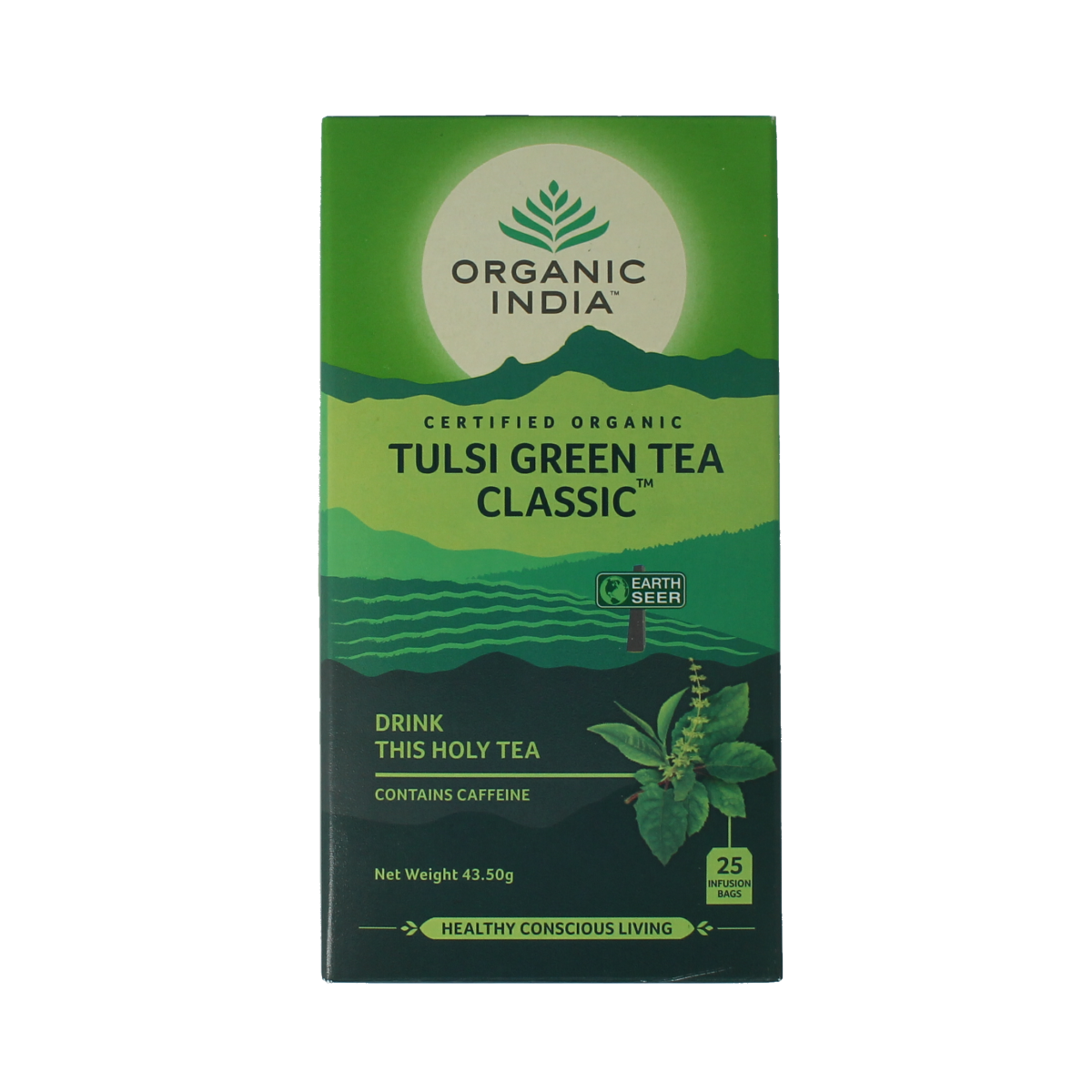 Organic India Tulsi Green Tea in a box with 25 tea bags, featuring fresh green tea leaves and tulsi herbs.