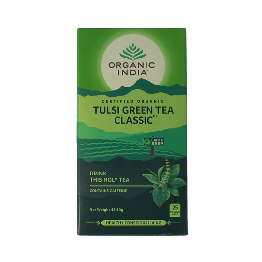 Organic India Tulsi Green Tea in a box with 25 tea bags, featuring fresh green tea leaves and tulsi herbs.