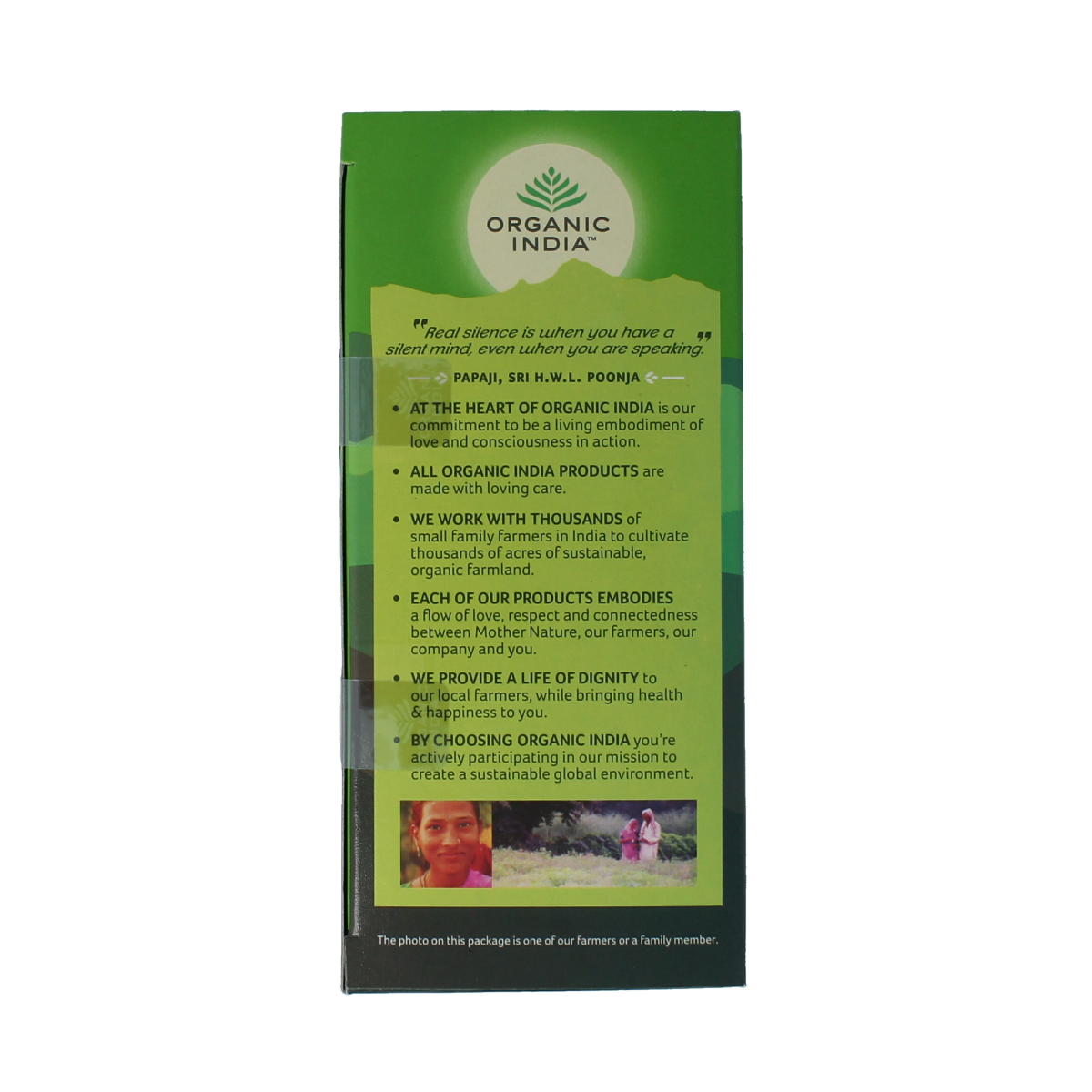 Organic India Tulsi Green Tea bio in 25 tea bags, featuring fresh green tea leaves and organic Tulsi herbs in a natural packaging.