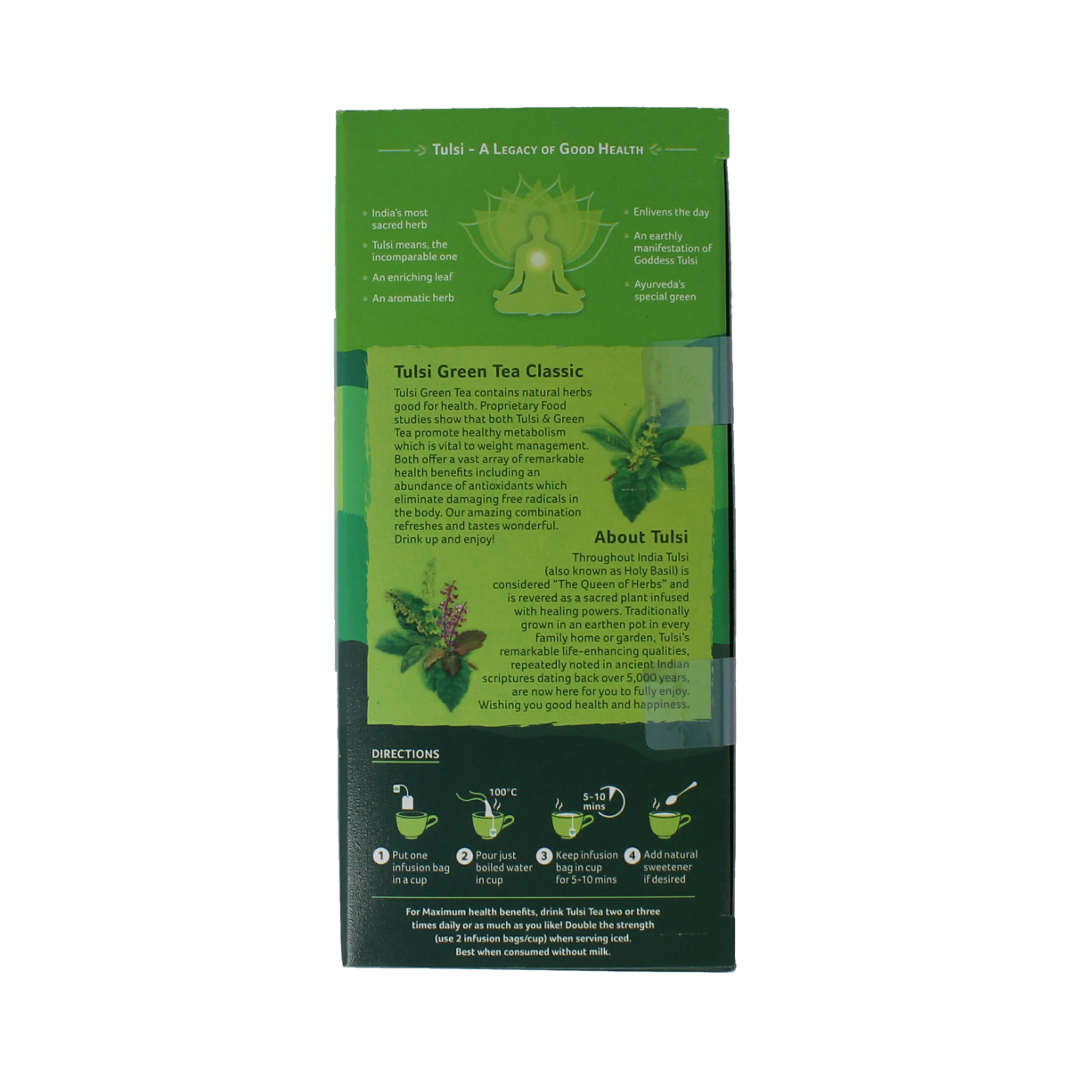 Organic India Tulsi green tea bio in 25 tea bags, featuring vibrant green tea leaves and herbal Tulsi plant.