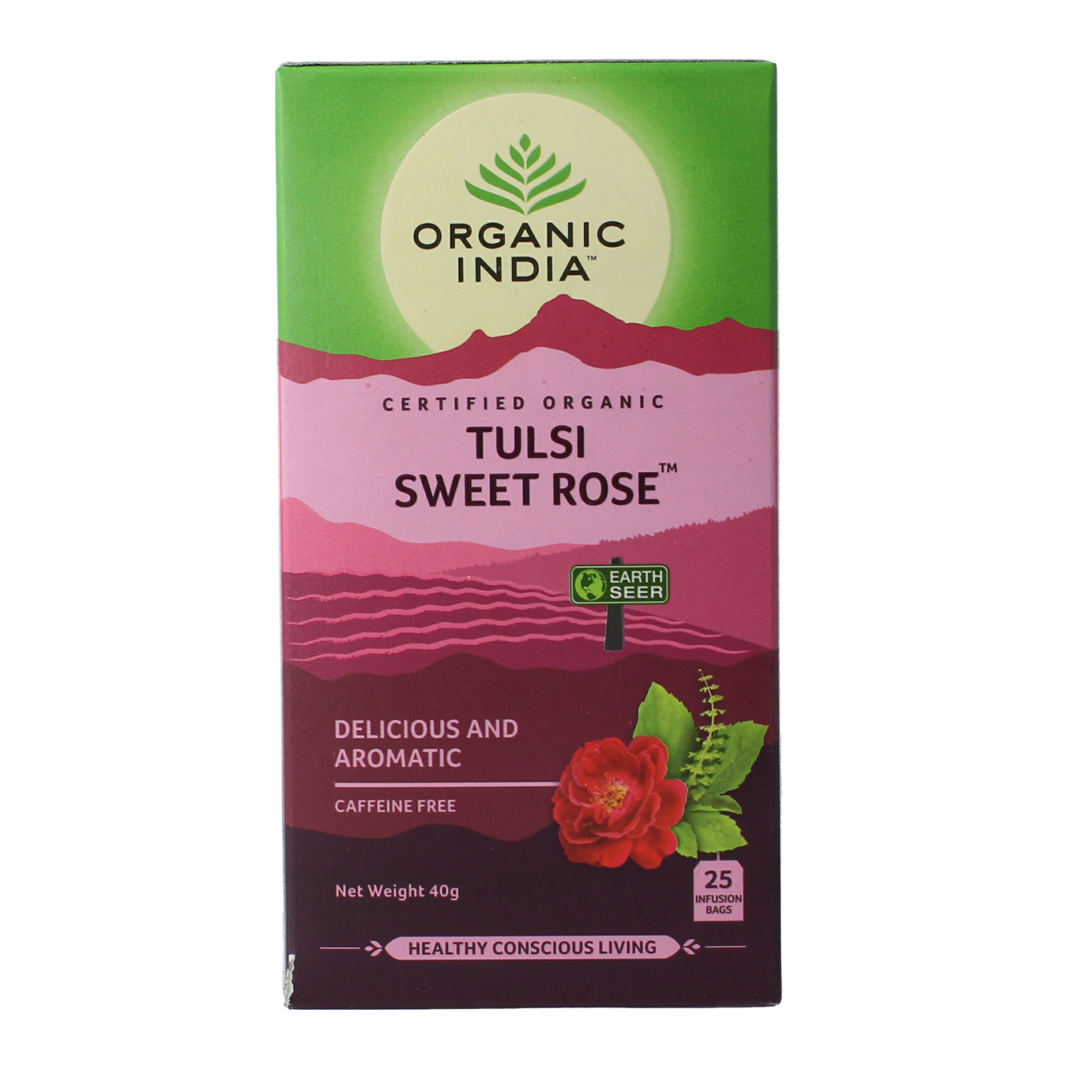 Organic India Tulsi sweet rose tea box with 25 tea bags, showcasing the herbal tea packaging.
