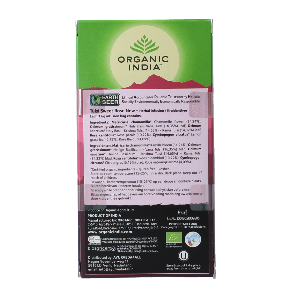 Organic India Tulsi Sweet Rose Tea box with 25 tea bags, showcasing the herbal tea packaging and branding.