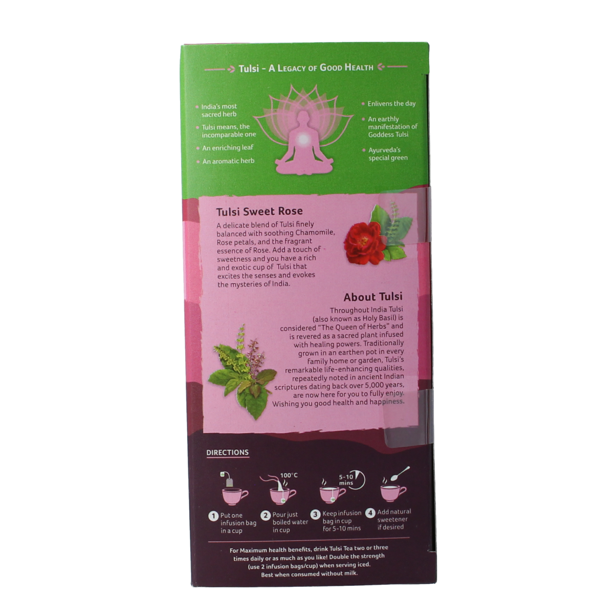 Organic India Tulsi Sweet Rose tea box with 25 tea bags, featuring a blend of organic herbal tea with rose and tulsi leaves.