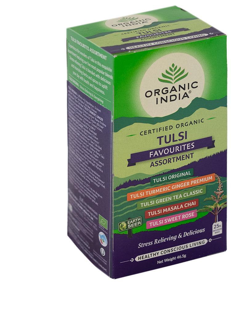 Organic India Tulsi Favourites assortment herbal tea bags, featuring a variety of organic Tulsi teas in 25 tea sachets.