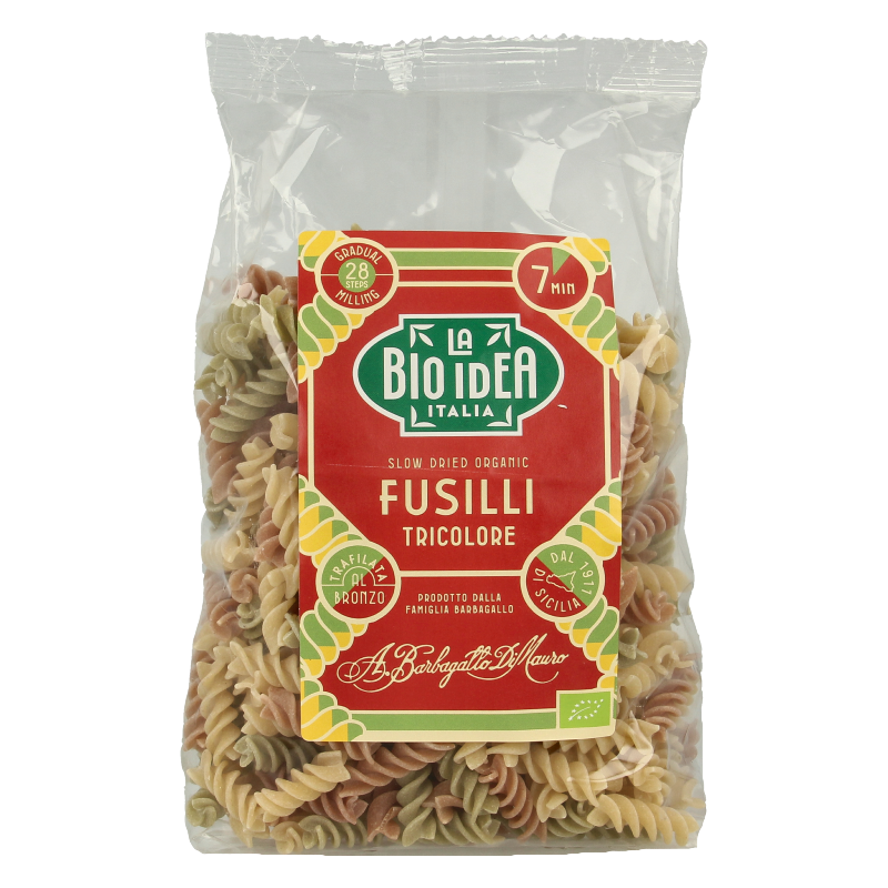 Tri-color Bioidea fusilli pasta made from rice, 500 grams, showcasing vibrant spiraled shapes and colorful pasta strands.