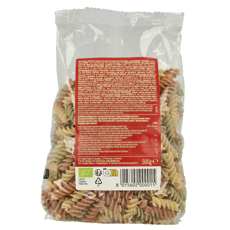 Tri-color Bioidea fusilli spirelli pasta in a 500g package, made from rice, featuring vibrant green, orange, and white spirals.