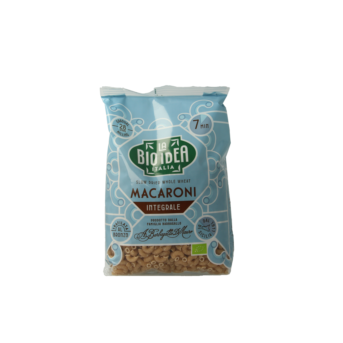 Bioidea volkoren macaroni elbow pasta in 500g package, organic whole wheat pasta from Bioidea, shown in the image.