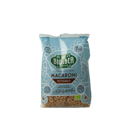 Bioidea volkoren macaroni elbow pasta in 500g package, organic whole wheat pasta from Bioidea, shown in the image.