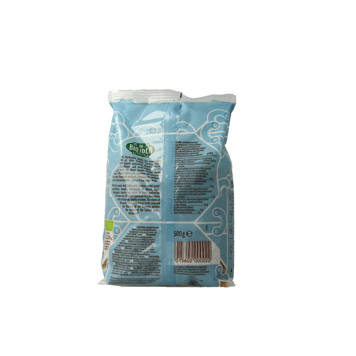 Organic Bioidea whole wheat elbow macaroni pasta in a 500g package, shown in a close-up image.