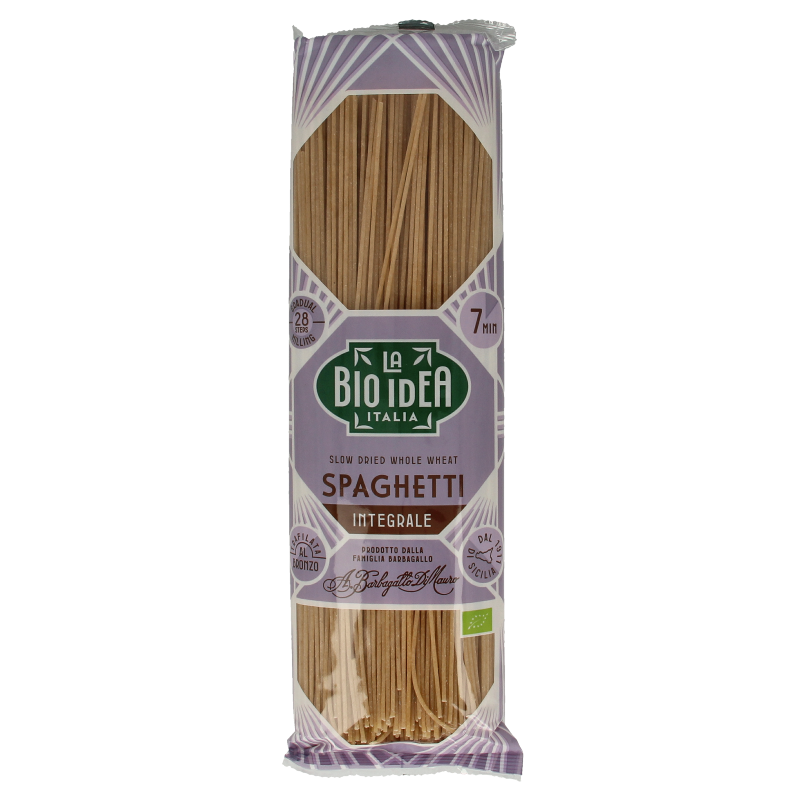 Bioidea organic whole wheat spaghetti pasta, 500 grams, showing uncooked spaghetti strands in a clear container.