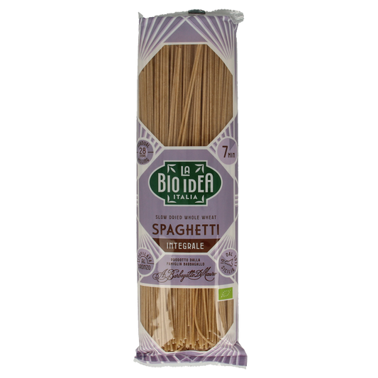 Bioidea organic whole wheat spaghetti pasta, 500 grams, showing uncooked spaghetti strands in a clear container.
