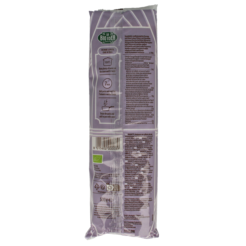 Whole grain organic spaghetti from Bioidea, 500 grams, shown in a clear image of the pasta.