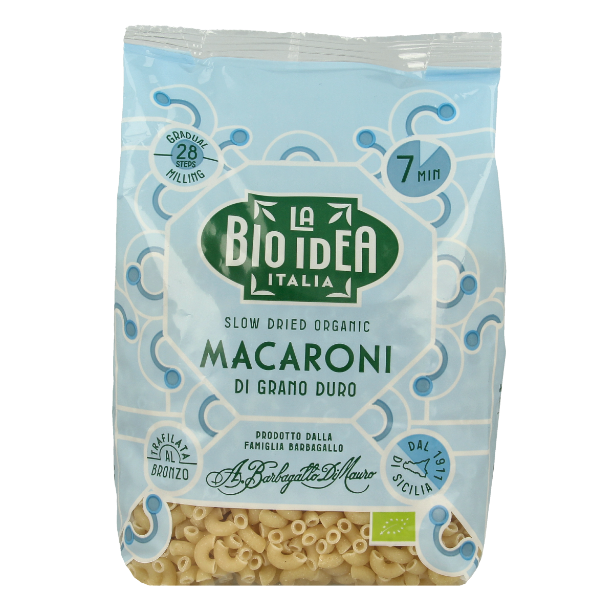 Bioidea organic elbow macaroni pasta in 500g package, showing cooked pasta with a smooth, curved shape and brand label.