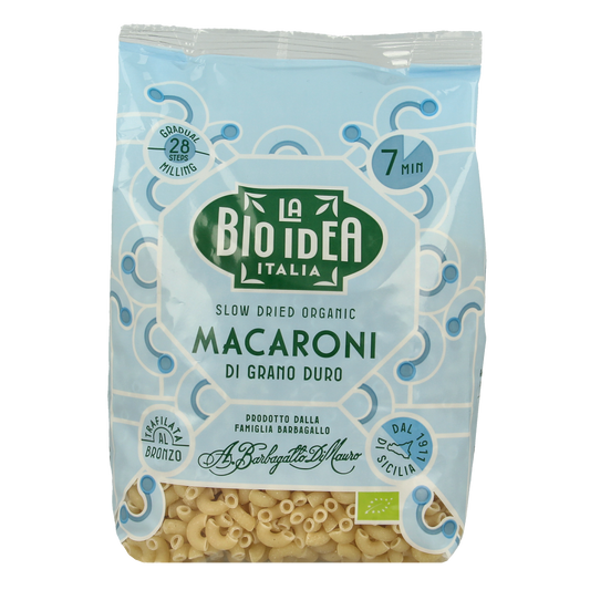 Bioidea organic elbow macaroni pasta in 500g package, showing cooked pasta with a smooth, curved shape and brand label.