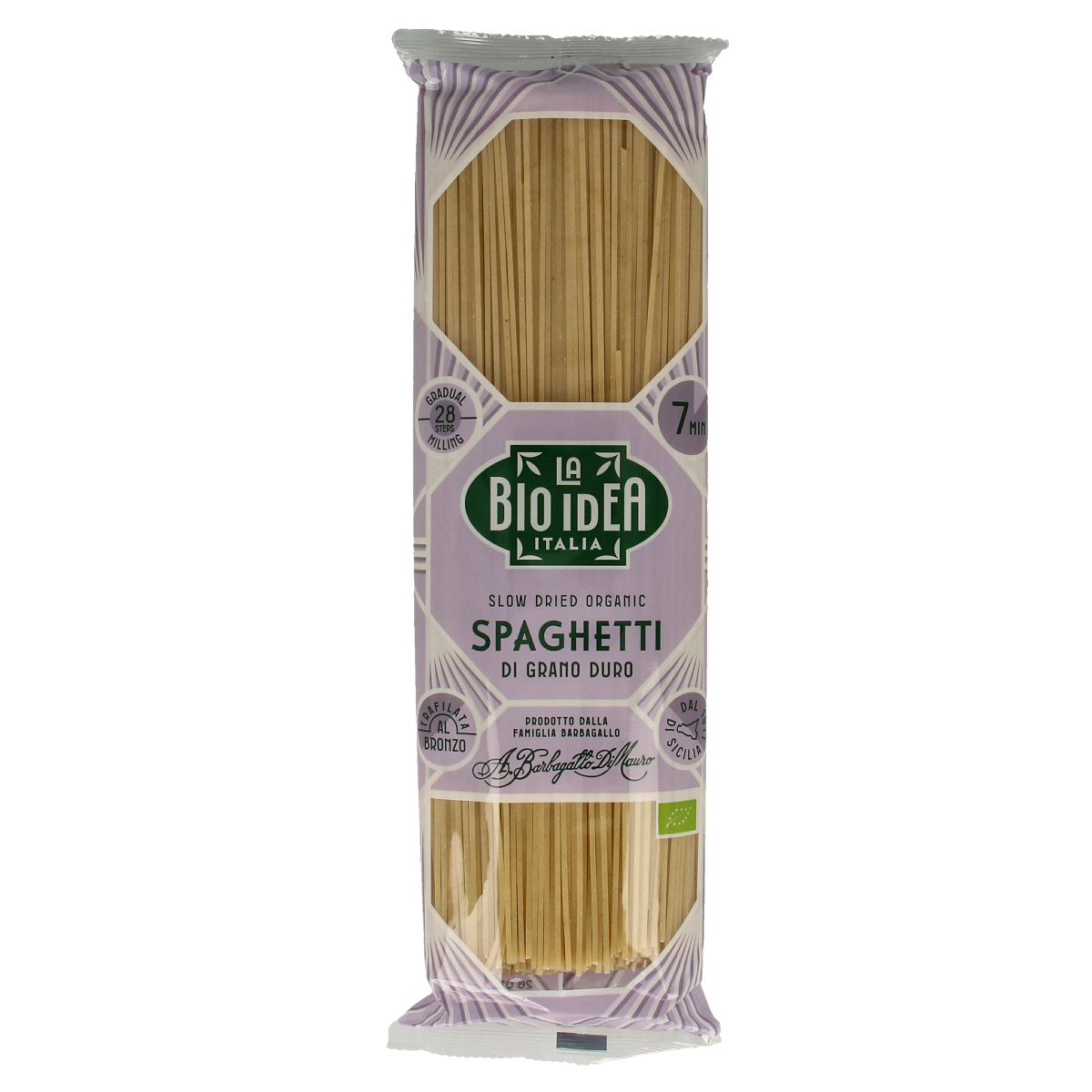 Bioidea spaghetti with organic rice pasta in 500g package, featuring long, thin pasta strands in a natural rice and wheat blend.