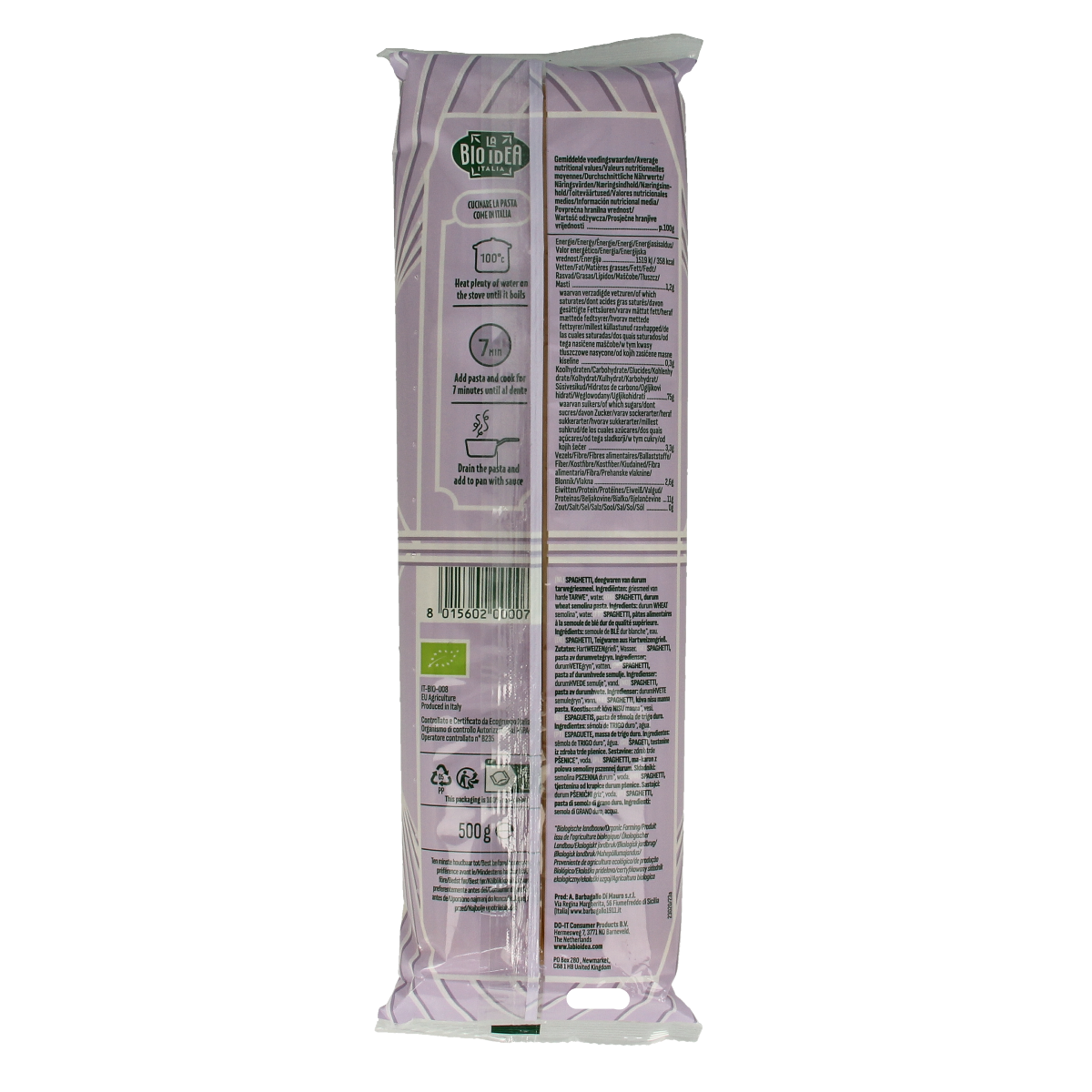 Bioidea organic spaghetti and rice pasta 500g, uncooked, showing long, thin pasta strands in a clear package.