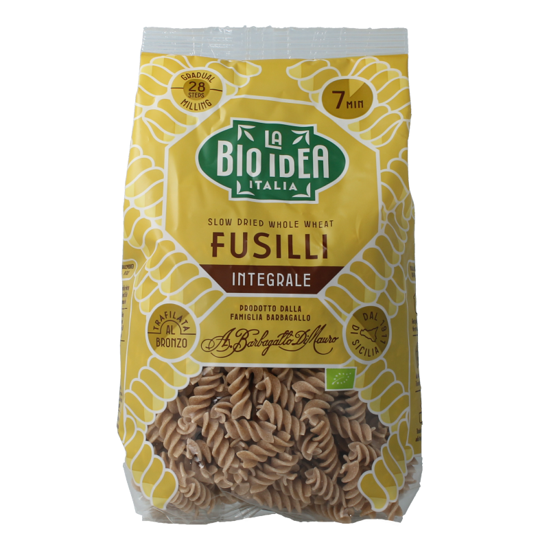 Whole grain Bioidea Fusilli spirelli pasta in a 500g package, showcasing the organic pasta shape and packaging.