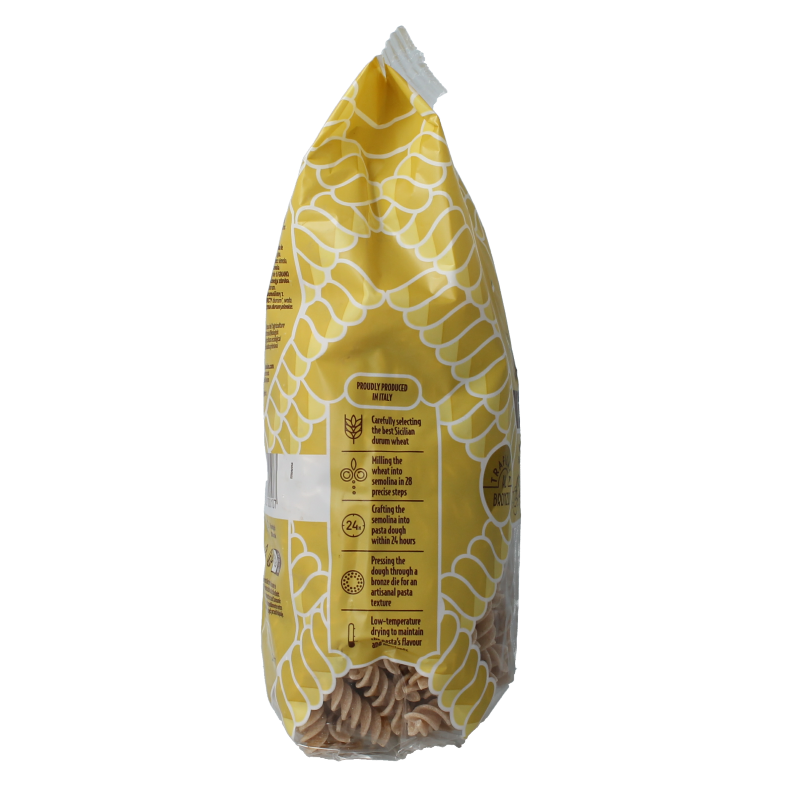 Whole grain Bioidea Fusilli Volkoren spirelli pasta, 500 grams, featuring twisted shape and natural brown color.