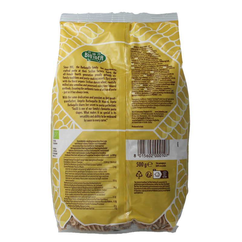 Whole grain Bioidea Fusilli spirelli pasta in 500g package, made from organic ingredients, displayed in a clear image.