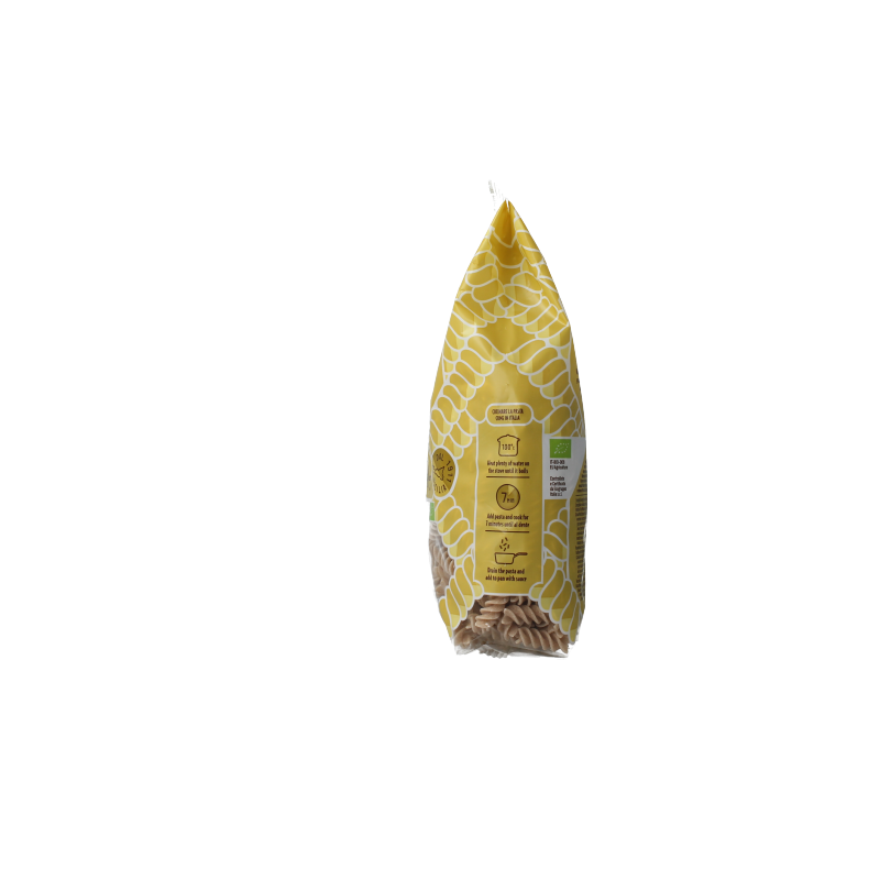 Whole grain fusilli spirelli pasta by Bioidea, 500g package, showcasing the corkscrew-shaped pasta on a white background.