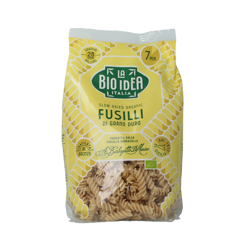Bioidea Fusilli bio pasta, 500g, made from rice, with spiral shape and gluten-free natural ingredients.
