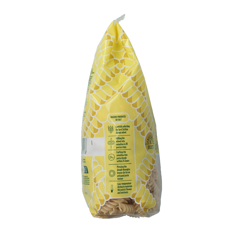 Bioidea Fusilli wit bio rice pasta in 500g package, showcasing spiral-shaped gluten-free pasta on a white background.