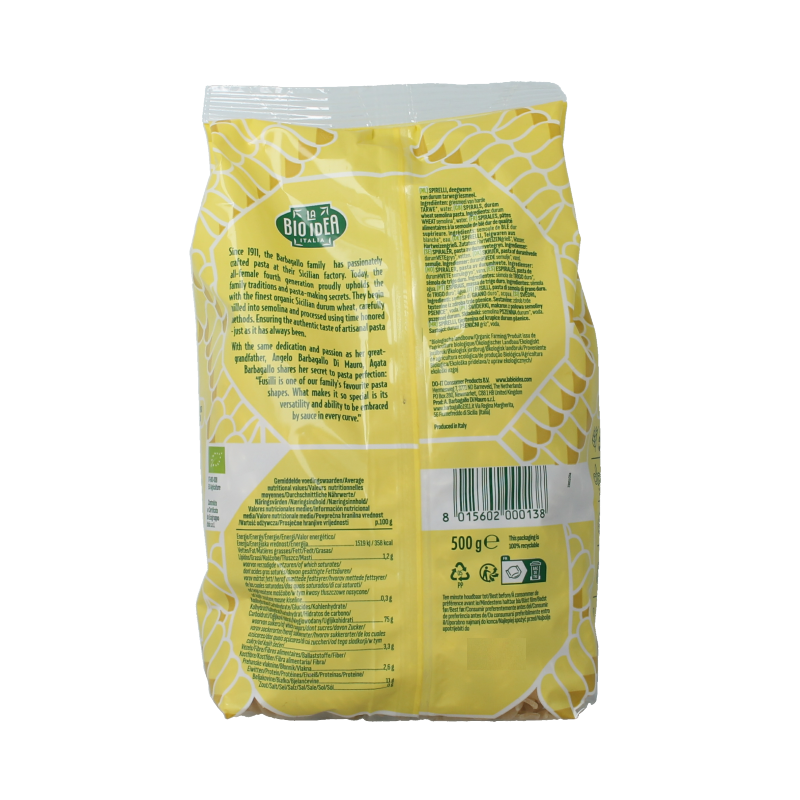 Bioidea Fusilli bio pasta, 500g, made from rice and wheat, displayed in a clear package with the brand logo on the label.