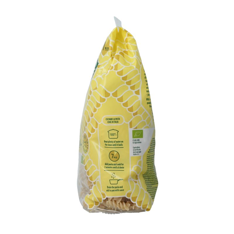 Bioidea Fusilli wit organic pasta and rice, 500 grams, featuring twisted spiral shape and natural ingredients in a clear package.