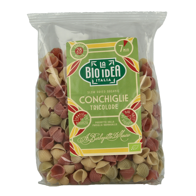 Bioidea Grote schelp tricolore bio pasta in 500g package, showcasing colorful, organic pasta with large shell shape.