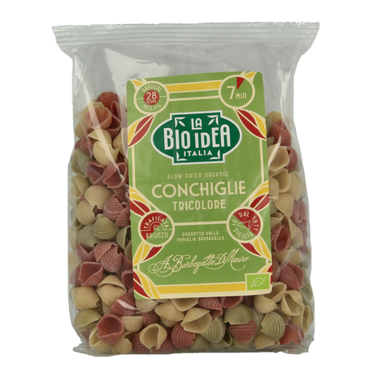 Bioidea Grote schelp tricolore bio pasta in 500g package, showcasing colorful, organic pasta with large shell shape.
