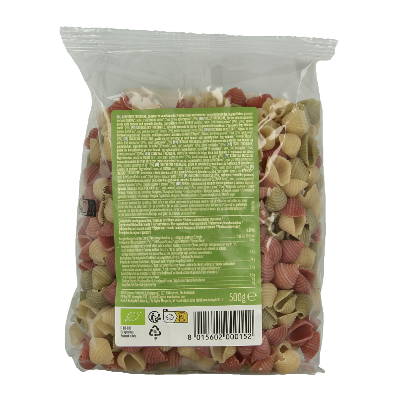 Bioidea Grote schelp tricolore bio pasta in 500g package, showcasing colorful, organic pasta shells on a white background.