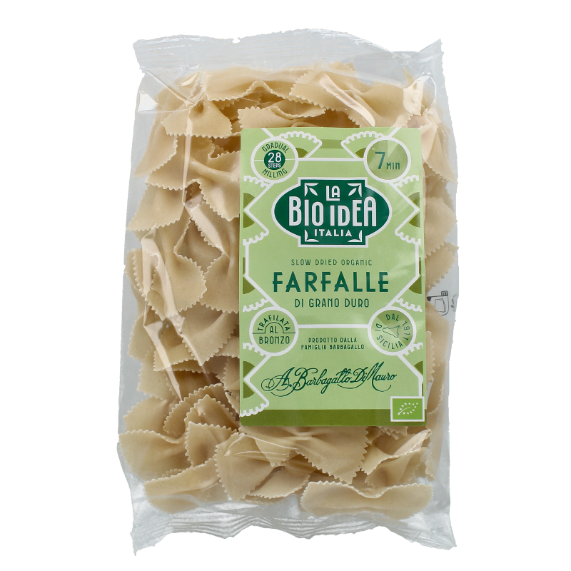 White Bioidea farfalle pasta butterflies in 275g package, ideal for pasta dishes and Italian cuisine.