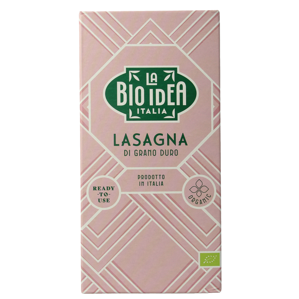 Bioidea Bio Lasagne pasta and rice 250g, showcasing uncooked lasagne sheets in a clear package.