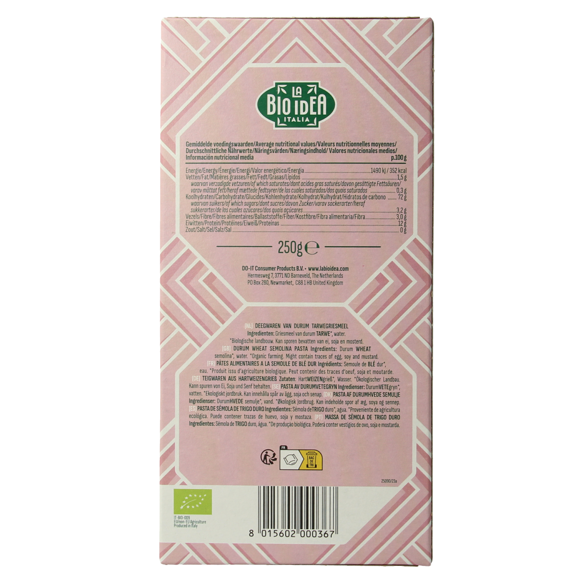 Bioidea organic lasagne pasta and rice mix in a 250g package, showcasing the product packaging and pasta grains.