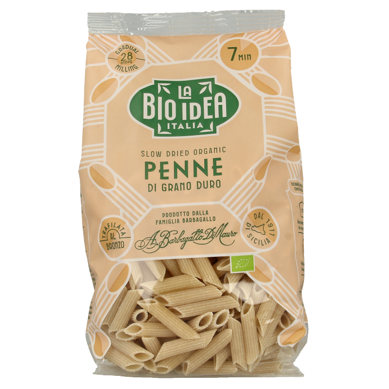 Bioidea Penne pasta in a 500g package, made with organic ingredients, suitable for pasta and rice dishes.