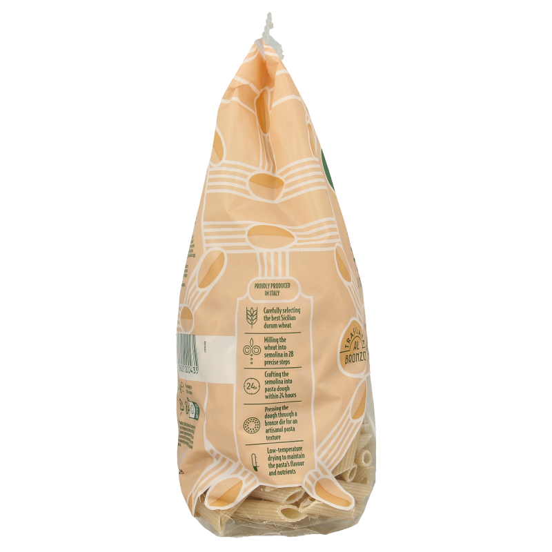 Bioidea Penne pasta made from organic rice, 500 grams, showcasing the uncooked pasta with a textured surface and natural color.
