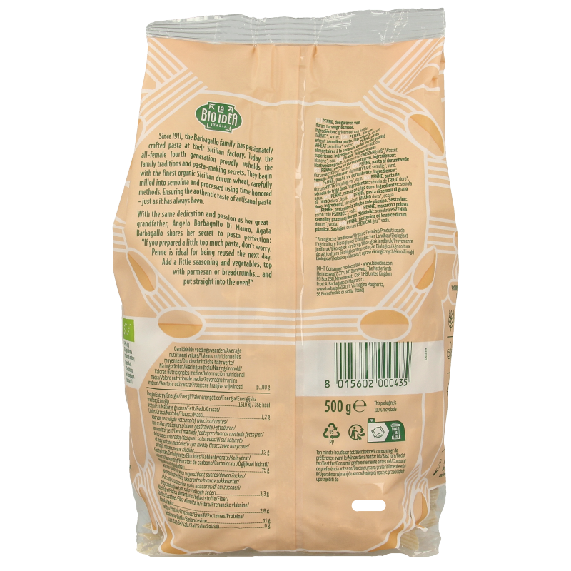 Bioidea Penne pasta made from organic rice, 500 grams, showcasing the uncooked pasta in a clear container.